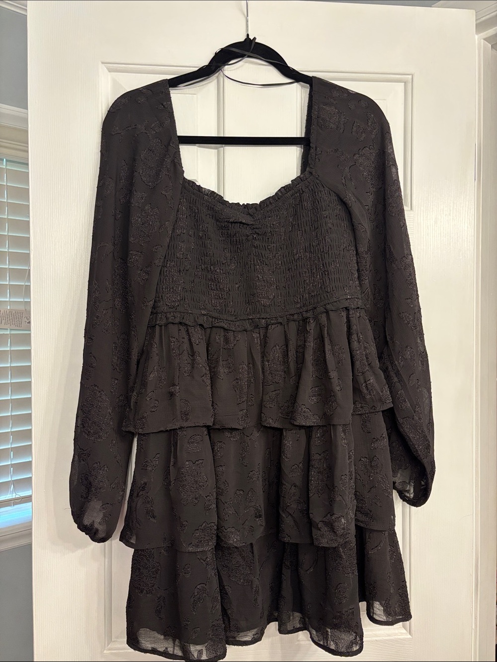 Black Long-Sleeve Tiered Smocked Dress